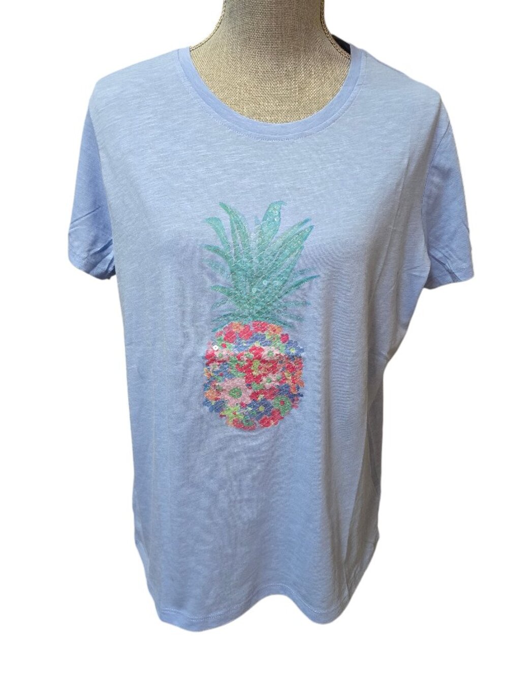 Island Collection Stellar Parker Light Blue Pineapple Multi Color Sequin Top